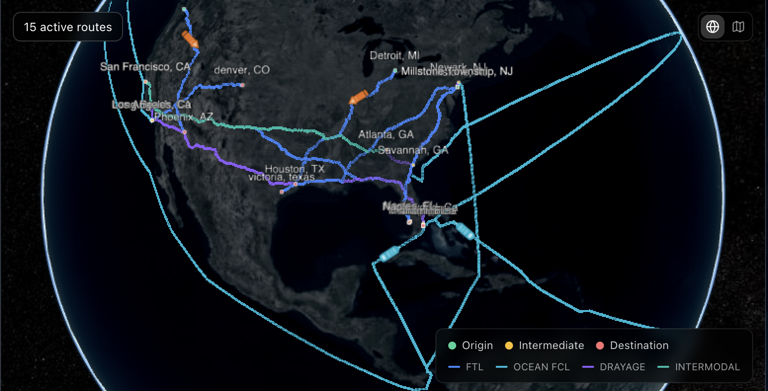 3D globe showing live shipment routes across continents